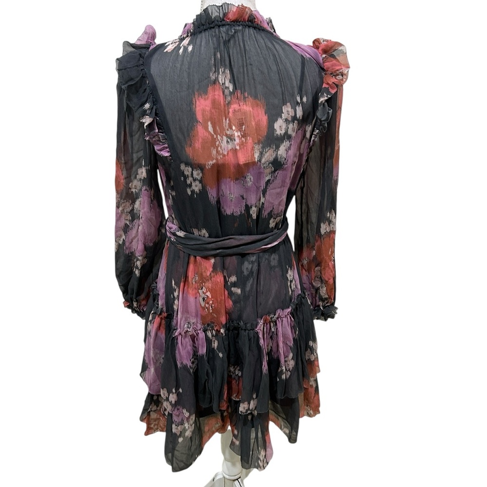 NWT unsubscribed Floral Long Sleeve sheer floral Dress tie belt ruffle black  8 - Picture 7 of 13